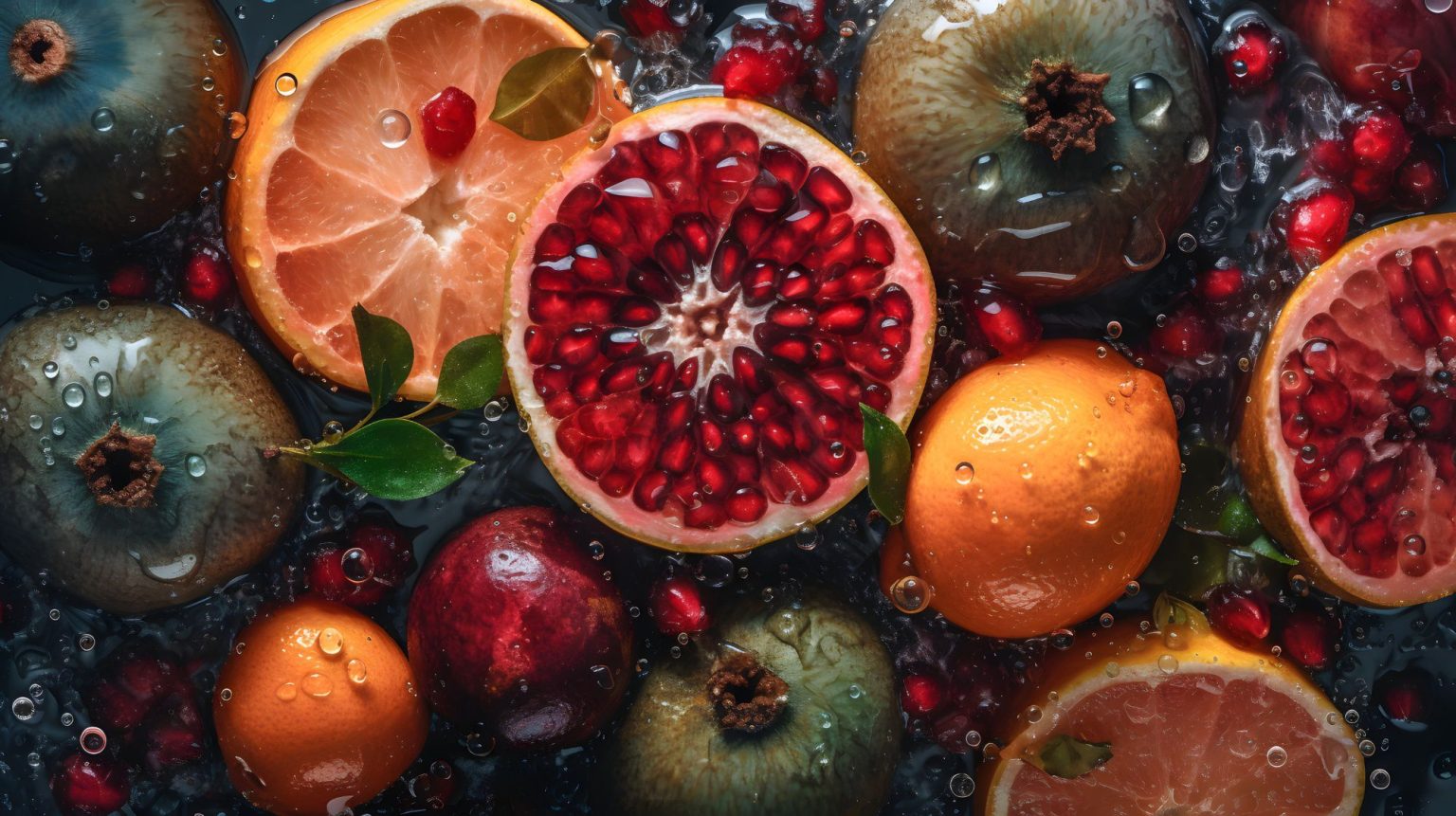 Colorful assortment of fresh fruits including pomegranate, orange, and green apple, surrounded by water droplets, emphasizing natural flavors and botanical diversity