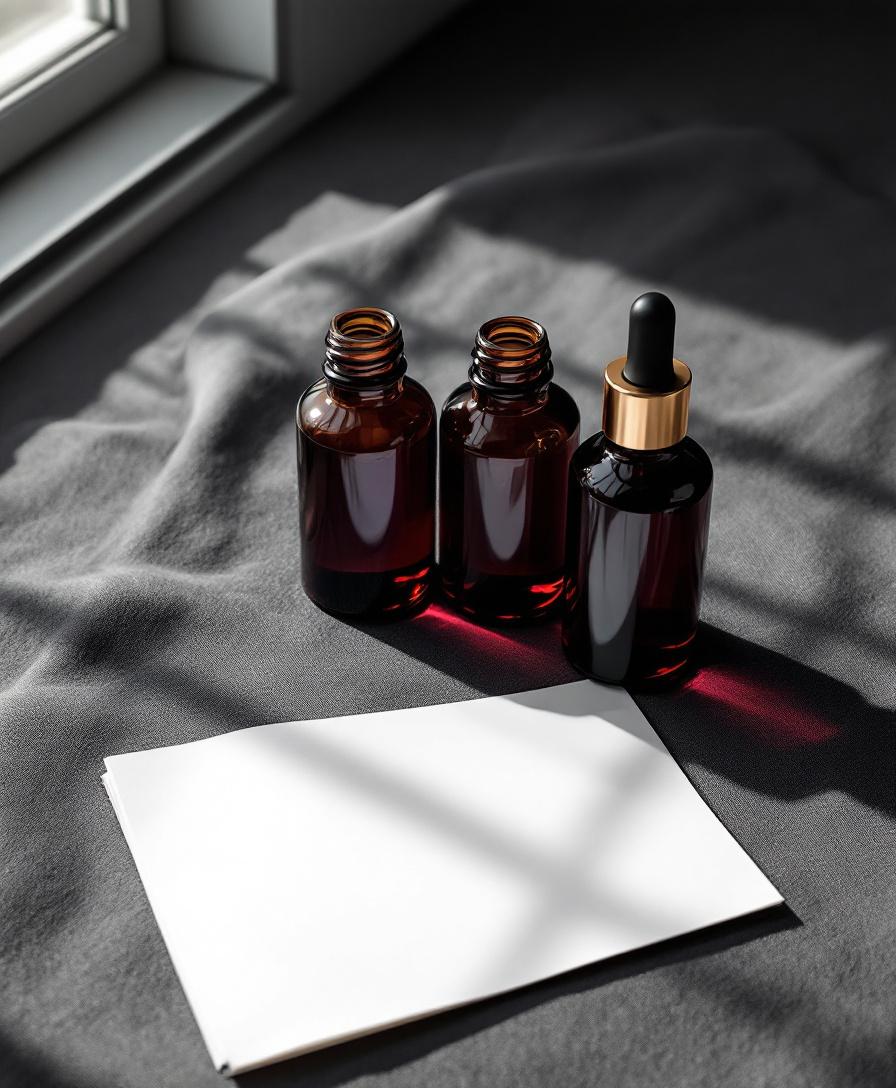 Sealed amber laboratory bottles with a certificate of analysis on a charcoal linen surface