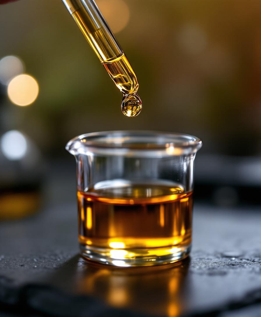 Amber terpene oil droplet falling from a glass dropper into a laboratory beaker