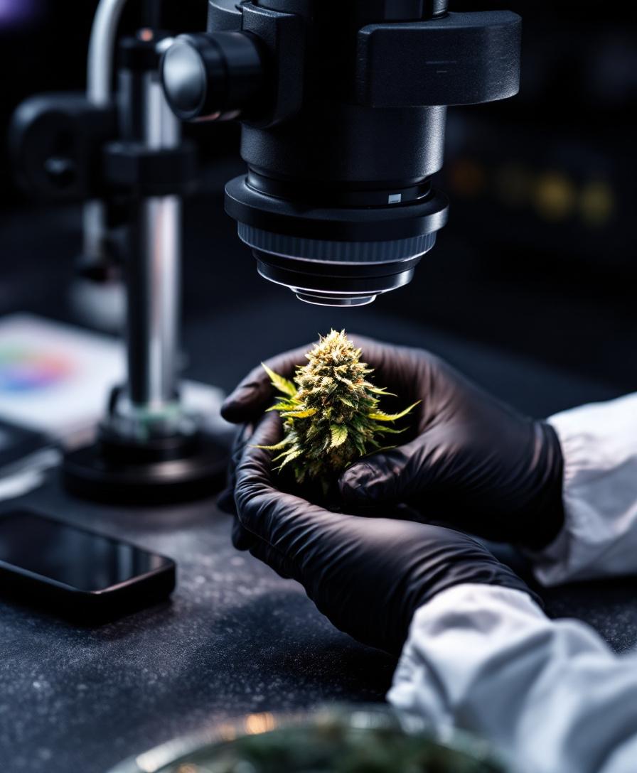 Cannabis flower bud examined under a laboratory microscope